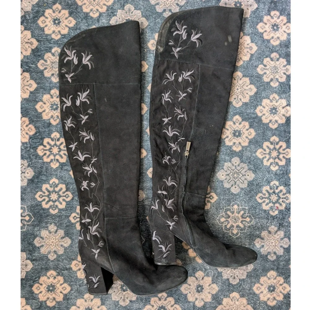 Kenneth Cole Claire Black Embroidered Over The Knee Boots Floral Suede Womens 9M